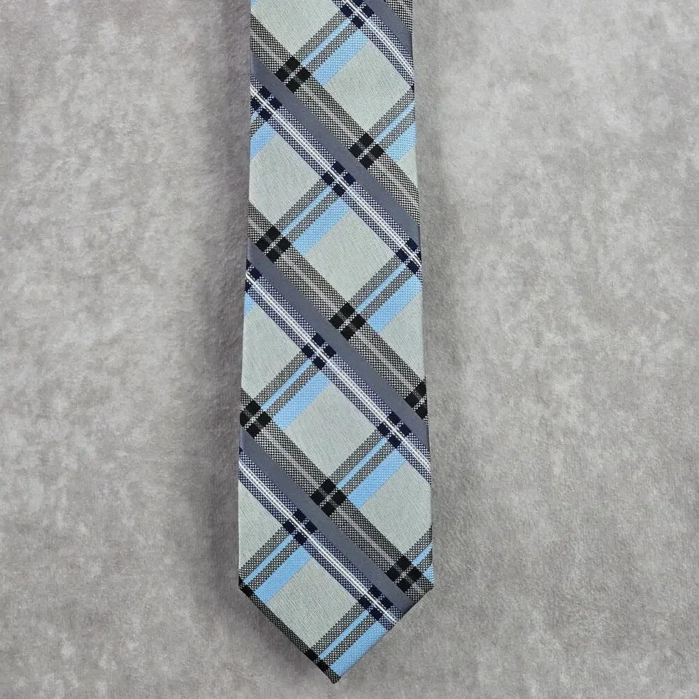 Perry Ellis Portfolio Striped Blue Gray‎ Tartan Plaid Executive Neck Tie Men's